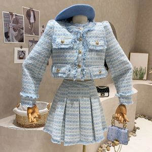 Haute qualité Style coréen Tweed costume femmes automne gland veste manteau court taille Mini jupe plissée deux pièces ensemble femme 240109