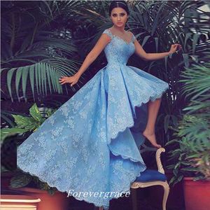 Hoge Kwaliteit Kant Hoge Low Prom Dress Nieuwe Collectie Sky Blue Capped Sleeves Junior Party Gown Custom Made Plus Size