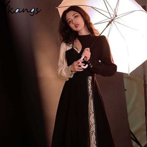 Hoge kwaliteit kanten lange mouw jurk Spring mode temperament vintage jurk slanke plus size harajuku zwarte feestjurk 210619