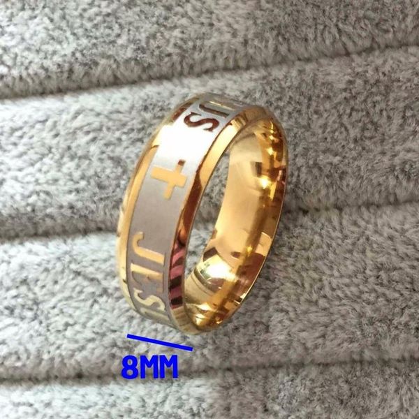 Haute qualité grande taille 8mm 316 titane acier argent or couleur jésus croix lettre bible bague de mariage hommes femmes 231P