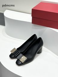 Tacones altos con lazo cuadrado de cuero de alta calidad, zapatos casuales minimalistas para mujer, elegantes toda la temporada 34-40