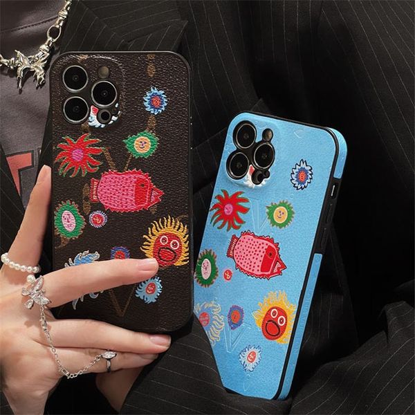 Haute Qualité Similicuir Téléphone Cas Designer Marque Doodle Téléphones Shell Casual Scratchproof Couvre Pour Iphone 11 12Pro 13Promax 14