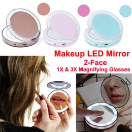 Hoge kwaliteit LED make-up spiegel touch inductie led spiegel 2 gezicht 1x en 3x vergrootglas cosmetische spiegels USB laadrand helder licht