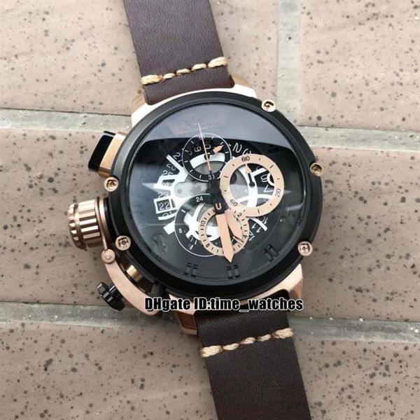 Haute qualité gaucher NOUVEAU U51 U-51 Chimère Bronze 7474 Quartz Chronographe montres pour hommes Bracelet en cuir Grand cadran Hommes new265F