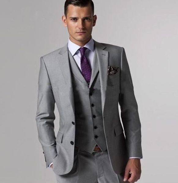 Esmoquin de ventilación lateral gris claro de alta calidad, padrinos de boda, mejor hombre, trajes de boda para hombre, novio (chaqueta + Pantalones + chaleco + corbata) 002