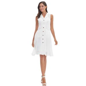 Hoge kwaliteit lijn katoen dame elegante jurk knop omhoog v-hals mouwloze knop lange witte zomerjurk met zak A0987 210526