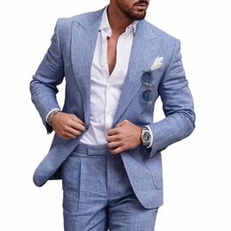 Costumes en lin de haute qualité pour hommes 2 pièces Chic Peak Revers Double One Butt Costume masculin Slim Fit Fi Casual Mariage Tuxedo 2023 87tX #