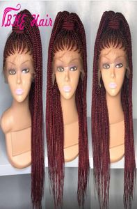 Haute qualité boîte longue tresse perruque tressage synthétique dentelle avant perruque noir bordeaux couleur rouge cornrow tresses perruques de dentelle pour noir Wome3773481