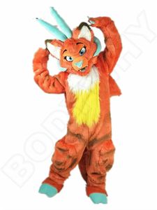 Hoge Kwaliteit Lange Bont Dargon Mascotte Kostuum Halloween Christmas Fancy Party Cartoon Karakter Outfit Pak Volwassen Vrouwen Mannen Jurk Carnaval Unisex