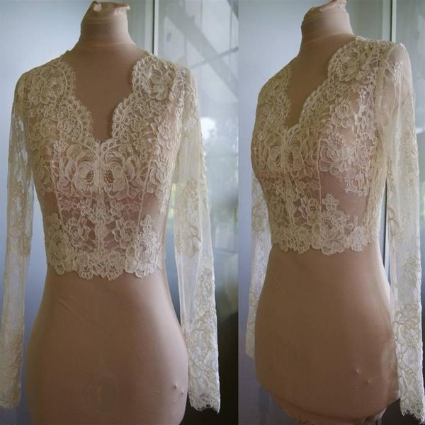 Chaqueta Bolero de boda de manga larga de alta calidad, encaje marfil con cuello en V, envolturas de boda transparentes hechas a medida, encogimiento de hombros, botones en la espalda, estola nupcial 294K