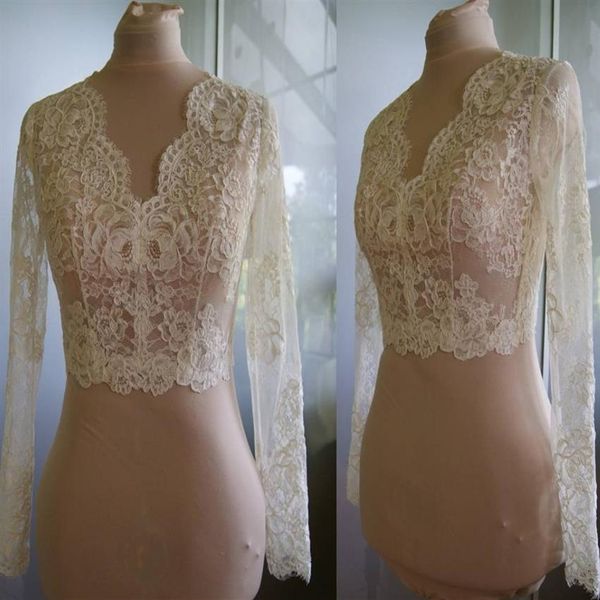 Chaqueta Bolero de boda de manga larga de alta calidad, encaje marfil con cuello en V, envolturas de boda transparentes hechas a medida, botones en la espalda, estola nupcial 247u