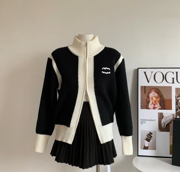 Suéteres de lujo de alta calidad para mujer, suéter de diseñador con paneles de manga larga en blanco y negro, cárdigan de punto para mujer