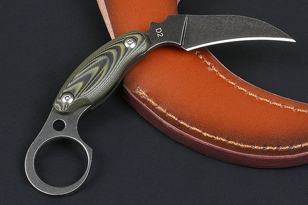 Cuchillo Karambit de hoja fija M6654 de alta calidad D2 Hoja de lavado de piedra en blanco y negro Mango completo Tang G10 Cuchillos tácticos con funda de cuero