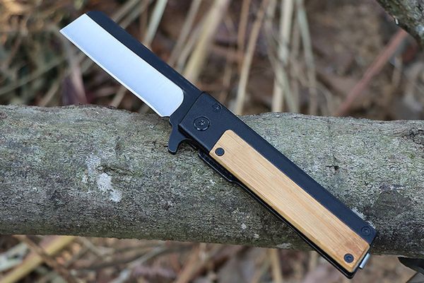 Cuchillo plegable con aleta M7704 de alta calidad 3Cr13Mov, hoja de afeitar satinada, mango de madera/acero, para acampar al aire libre, senderismo, cuchillos de bolsillo EDC con caja al por menor