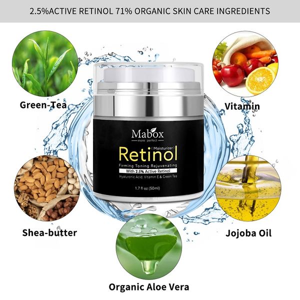 MABOX Retinol 2,5% Crème hydratante pour le visage et les yeux Vitamine E de haute qualité Meilleures crèmes hydratantes de nuit et de jour DHL livraison gratuite.