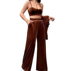 Fabricant de haute qualité, soutien-gorge et pantalon de survêtement Sexy, ensemble à capuche en velours marron pour femmes, haut et pantalon à fermeture éclair, survêtement Y2k