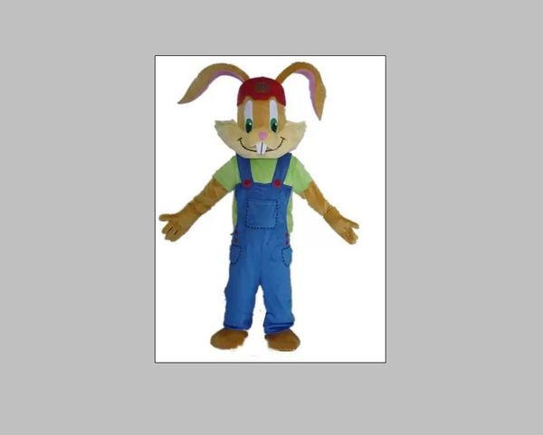 Costumes de mascotte de haute qualité, un costume de mascotte de lapin marron sur mesure avec une jarretelle bleue et une chemise verte à vendre