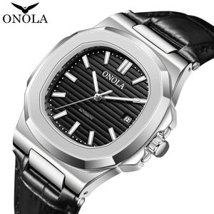 Hoogwaardige mechanische horloge heren onola business echt lederen waterdicht horloge