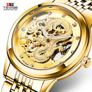 Hoge kwaliteit! Horlogeshorloge Skeleton Hollow Golden Dragon Mechanical Watch Automatische Wikkeling Waterdichte Tevise Relogio Automatico Masculino