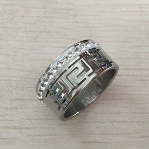 Haute qualité hommes 10mm vintage clé grecque mariage creux grande muraille anneau Autriche cristal clair bijoux en acier inoxydable alliance de fiançailles