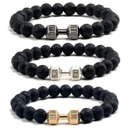 Men de haute qualité Bracelet Bracelet Natural Black Lava Stone Dumbbell Charm Bracelets Energy Fitness Barbell Fashion Women Jewelry 240418