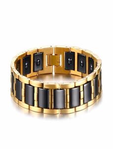 Pulsera de hombre de alta calidad, acero inoxidable de color negro dorado con pulsera magnética de cerámica negra, brazalete para hombre 6835584