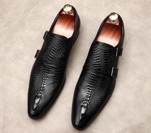 Designer Crocodile Leather Men schoenen dubbele buckle luxe modebedrijf echt leer puntig teen feest bruiloft flats schoenen Britse stijl plus maat 37 ~ 46