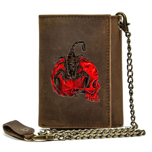 Haute qualité hommes en cuir véritable portefeuille Anti-vol moraillon avec chaîne en fer classique Scorpion crâne couverture porte-carte court sac à main