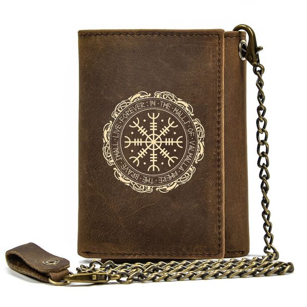 Haute qualité hommes en cuir véritable portefeuille Anti-vol moraillon avec chaîne en fer Vintage Viking symbole couverture porte-carte court sac à main