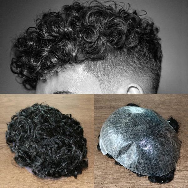 Sistema de reemplazo de cabello de alta calidad para hombres, tupé Natural de 20mm, piel ondulada, postizos de polipu, peluca para hombre