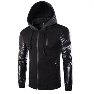 Herenbont Faux Hoge Kwaliteit Mannen Hooded Jacket en Jas Herfst Casual PU Lederen Mouw Slanke Bovenkleding Rits Hoody Sportswear1