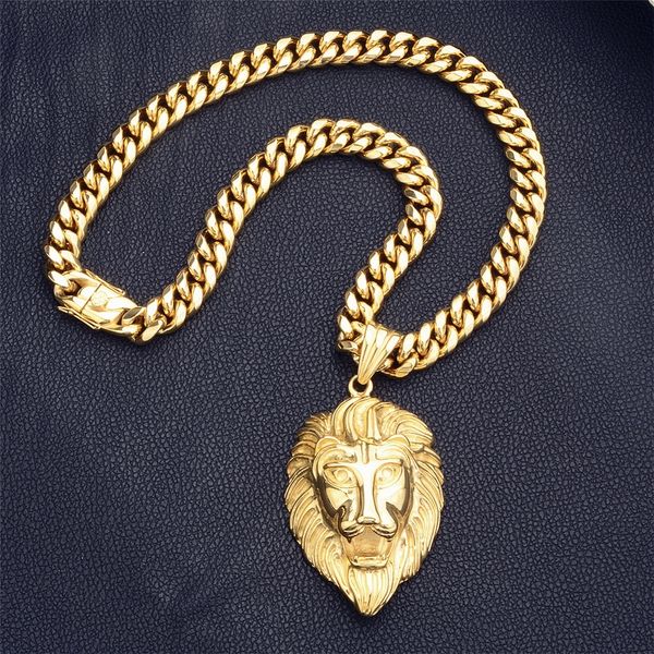 Collar de alta calidad para hombre, colgante de cabeza de león de acero inoxidable dorado, cadena cubana de 14mm, joyería exquisita para hombre de Hip Hop Rock Q0531