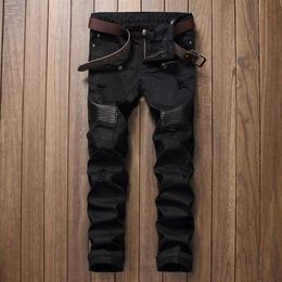 Haute Qualité Hommes PU cuir jeans Casual Design Biker Jeans Hommes Slim Denim Droite Déchiré Biepa 8804209M