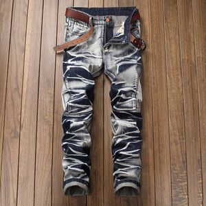 Veste en jean décontractée pour hommes de haute qualité pantalon en jean de moto plissé droit mince pantalon décontracté en jean pour hommes X0621
