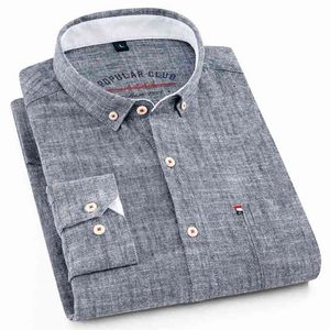 Hoge kwaliteit heren katoen linnen lange mouwen shirts Button down zomer standaard fit casual wit shirts Comfort zacht heren merk 210705