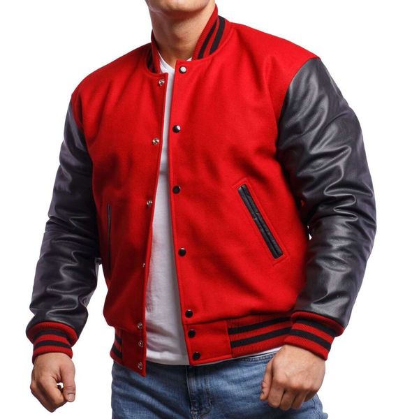 Jackets de lana personalizada para hombres de alta calidad chaqueta de béisbol en color rojo chaqueta universitaria con manga de cuero negro 56