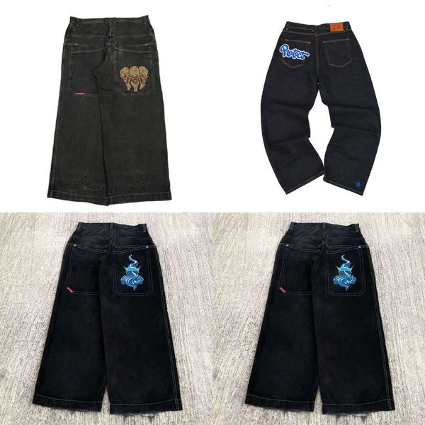 Jeans para hombres de alta calidad JNCO Y2K Harajuku Hip Hop Poker Graphic Retro Blue Pantalones holgados de mezclilla Hombres para hombres Góticos de cintura ancha de cintura ancha 79