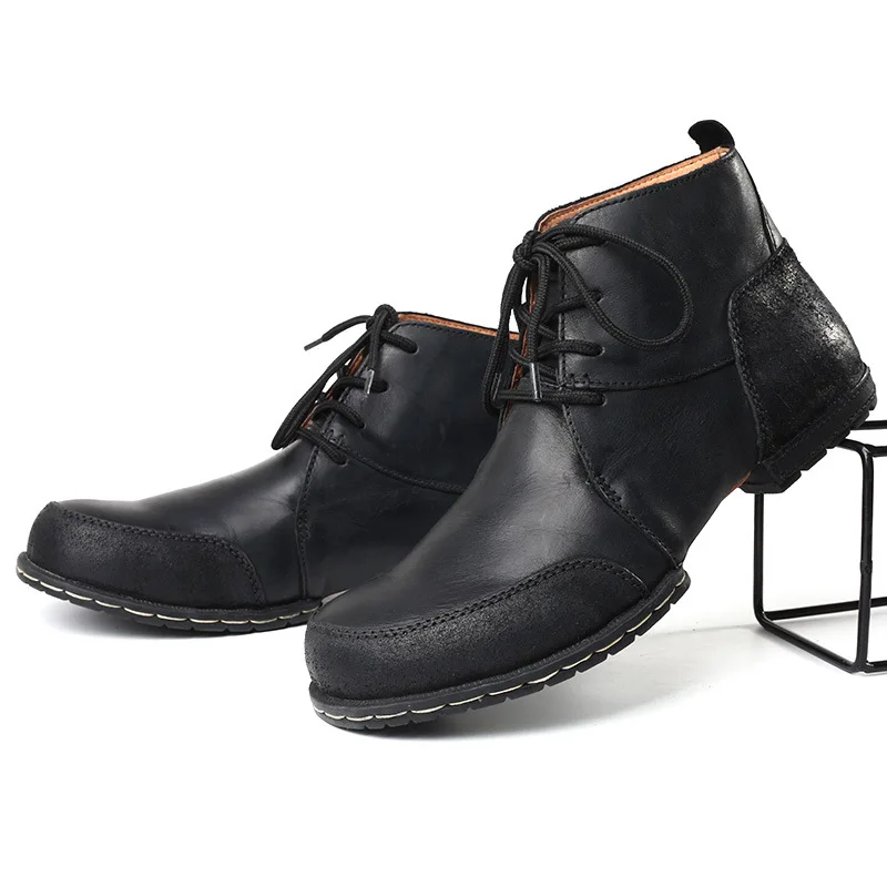Högkvalitativ herr Knight Boot Black Classic Ankle Boots Herrgjorda Cowhide Shoes Retro Wedge Motorcykelstövlar för män
