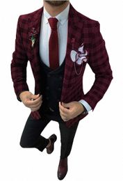 Costumes à carreaux de haute qualité pour hommes Notch revers Burdy Tuxedos Slim Fit manteau de loisirs garçons d'honneur pour mariage Blazer + gilet + pantalon C7In #