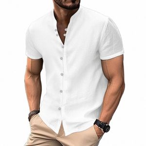 Haute qualité hommes printemps/été nouveau manches courtes chemises en lin Cott Busin décontracté coupe ample T-shirt chemises Top n1gL #