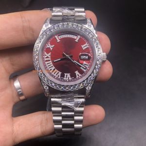 Montre pour hommes de haute qualité montre en acier inoxydable argenté visage rouge diamant arabe échelle à la mode diamant montres automatiques