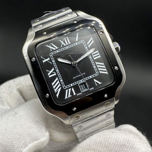 Reloj para hombre de alta calidad, acero inoxidable plateado, 38,5 mm, bisel negro, esfera cuadrada negra, reloj mecánico automático de alta calidad