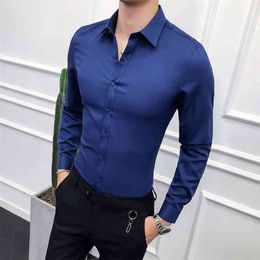 Hoge Kwaliteit Mannen Shirt Lange Mouw Solid Formele Zakelijke Slim Fit Merk Man Jurk S Social Turn-Down Collar 6 Colors 210809