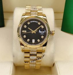 Herenhorloge van hoge kwaliteit, 36 mm gouden kast, diamanten markers, zwarte wijzerplaat, diamanten, geelgouden armband met diamant