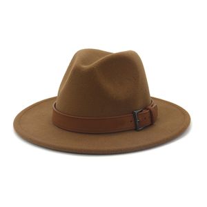 Hoge kwaliteit mannen vrouwen fedora panama wol vilt hoed met bruin gesp grote rand jazz trilby cap party bruiloft hoed