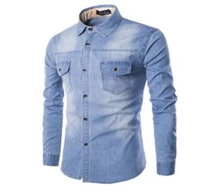 Hoge kwaliteit heren039s Slanke denim overhemden nieuwe plus size M6XL mode casual wassing blauw lange mouwen Cargo jeans overhemden Chemise Hom1650291