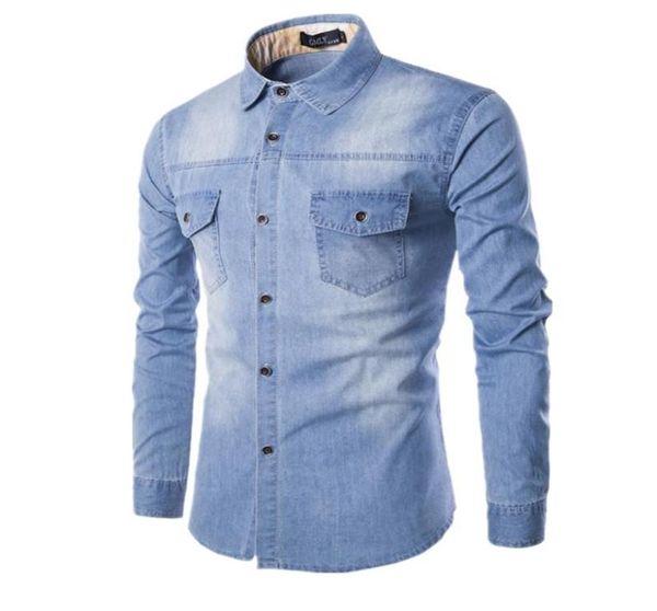 Haute qualité men039s Slim chemises en jean nouvelle grande taille M6XL mode décontracté lavage bleu à manches longues Cargo jeans chemises Chemise Hom1650291