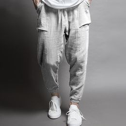 Hoge kwaliteit heren hiphop katoen linnen broek trekkoord taille zak losse potlood broek casual harem joggingbroek broek