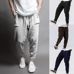 Pantalones de hombre de alta calidad Hip Hop de algodón de lino con cordón en la cintura bolsillo suelto lápiz Casual Harem pantalones de chándal