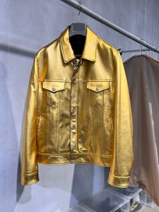 Hoge kwaliteit heren leren jas luxe cargo pocket single breasted gouden jas topmerk designer jas